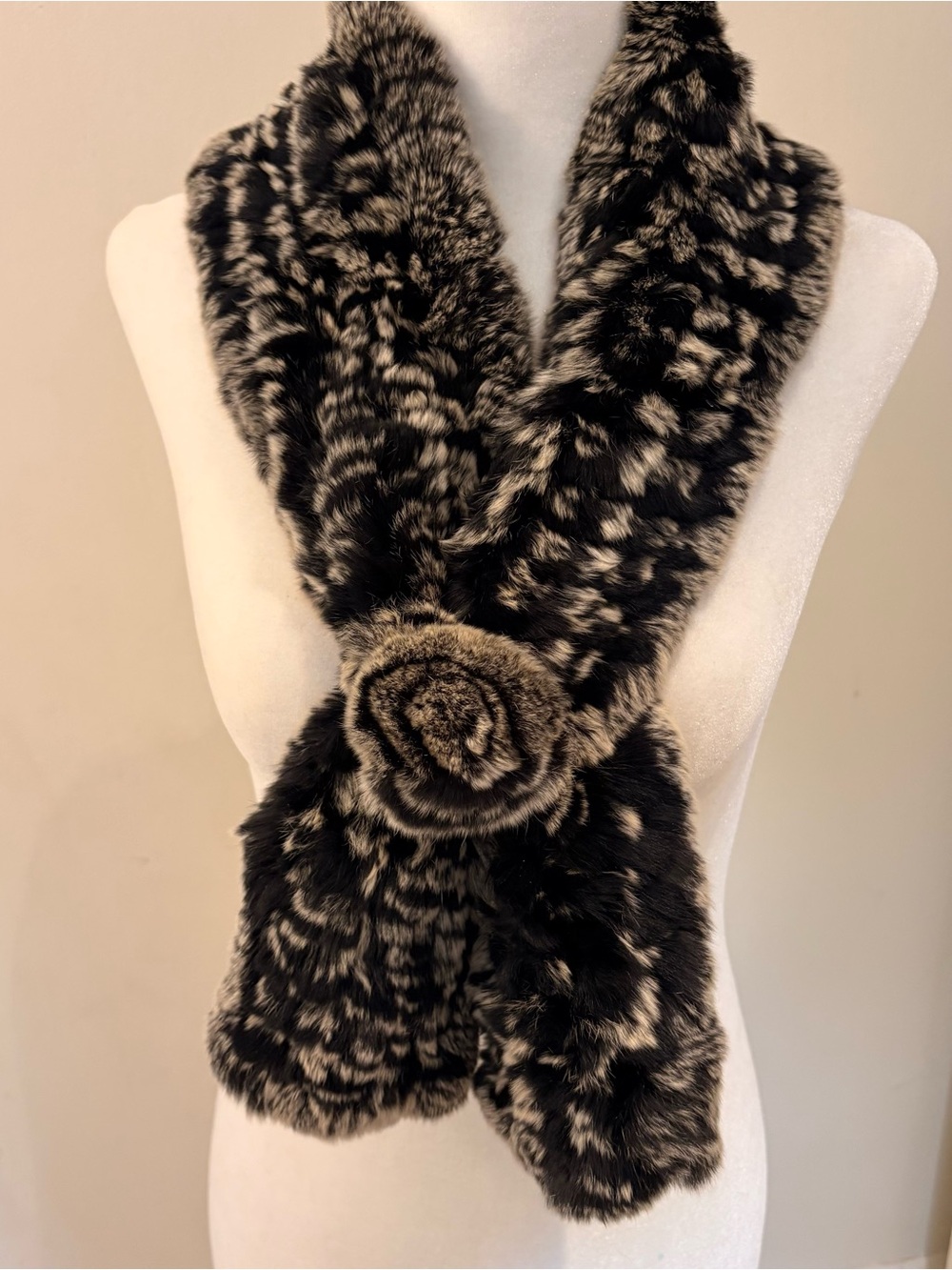 Plush Black & Cream Rabbit Fur Flower Scarf